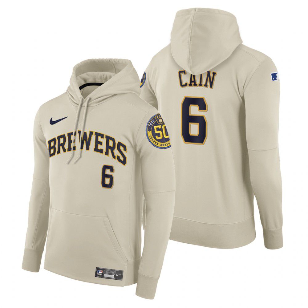 Men Milwaukee Brewers #6 Cain cream home hoodie 2021 MLB Nike Jerseys